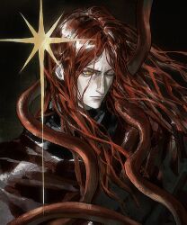 1boy animal bonley chinese_commentary closed_mouth commentary_request elden_ring elden_ring:_shadow_of_the_erdtree floating_hair highres long_hair looking_to_the_side male_focus messmer_the_impaler one_eye_closed parted_bangs red_hair red_shawl red_snake scales shawl sideways_glance slit_pupils snake solo upper_body yellow_eyes