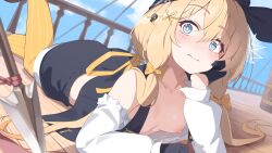 Rule 34 | 1girl, ^^^, absurdres, arm support, ass, bandana, black bandana, black gloves, blonde hair, blue eyes, blue jacket, blush, bow, breasts, buttons, cloud, collarbone, commentary, cropped jacket, deep-sea scout (shadowverse), double-parted bangs, gloves, hair between eyes, hair ornament, highres, ichien ekaki, jacket, long hair, long sleeves, looking at viewer, low ponytail, lying, mast, midriff, nipples, on stomach, open clothes, open jacket, outdoors, pantyhose, pirate, pirate ship, polearm, ponytail, railing, raised eyebrows, ribbon, shadowverse, ship, shirt, skull hair ornament, small breasts, solo, spear, striped clothes, striped pantyhose, surprised, vertical-striped clothes, vertical-striped pantyhose, watercraft, weapon, white shirt, yellow bow, yellow pantyhose, yellow ribbon