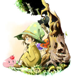 1girl :3 apple blush brown_dress brown_eyes brown_hair brown_shoes closed_mouth commentary_request creature dress food fruit full_body grass green_hat hat holding holding_staff mushroom outdoors poison_spore poring print_hat profile ragnarok_online shoes short_hair sitting slime_(creature) smile solo spore_(ragnarok_online) staff star_(symbol) star_print tree ushiro_hayahiro white_background willow_(ragnarok_online) witch_hat wizard_(ragnarok_online)