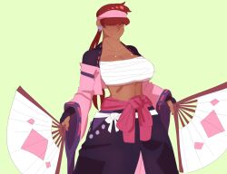 1girl 1shermieaday breasts cleavage cosplay costume curvy dark-skinned_female dark_skin dress earrings female_focus gloves hairband hand_fan heart huge_breasts jacket japanese_clothes jewelry large_breasts long_hair open_clothes ponytail red_hair shermie_(kof) smile smiley_face standing tan the_king_of_fighters twintails wide_hips