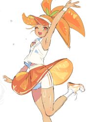 Rule 34 | 1girl, ;d, ankle socks, arm at side, arm up, armpits, breasts, collared shirt, commentary request, cookie run, cookie run: ovenbreak, double horizontal stripe, food-themed hair, foot out of frame, hair ornament, hat, high ponytail, highres, humanization, korean commentary, leaf hair ornament, looking at viewer, midriff peek, ohta guk hip, one eye closed, open mouth, orange cookie, orange eyes, orange hair, orange hat, orange skirt, outstretched arm, ponytail, shirt, shoes, shorts, simple background, skirt, sleeveless, sleeveless shirt, small breasts, smile, socks, solo, standing, standing on one leg, sweat, teeth, tongue, visor cap, white background, white shirt, white shoes, white shorts, white socks, wristband