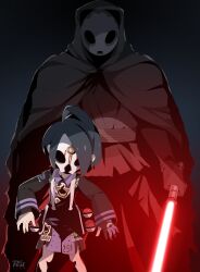 2boys absurdres ahoge allister_(pokemon) black_hair cloak collared_shirt crossover darth_nihilus energy_sword facing_viewer gloves grey_background highres holding holding_sword holding_weapon holster hunched_over lightsaber long_sleeves male_focus mask multiple_boys nintendo partially_fingerless_gloves poke_ball poke_ball_(basic) pokemon pokemon_swsh r3dfive red_lightsaber shirt short_hair shorts side_slit side_slit_shorts single_glove sith star_wars star_wars:_knights_of_the_old_republic suspenders sword weapon