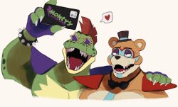 2boys animal_ears annoyed arm_around_shoulder bear_boy bear_ears bow bowtie bracelet character_name claws collarbone crocodile_boy fangs fingerless_gloves five_nights_at_freddy&#039;s five_nights_at_freddy&#039;s:_security_breach furry furry_male glamrock_freddy gloves hand_on_another&#039;s_shoulder hat heart highres holding holding_phone jewelry k0bit0wani looking_at_phone looking_up male_focus mini_hat mini_top_hat mohawk montgomery_gator multiple_boys open_mouth phone red_hair selfie smile speech_bubble spiked_bracelet spikes spoken_heart star-shaped_eyewear star_(symbol) sunglasses sweatdrop top_hat white_background