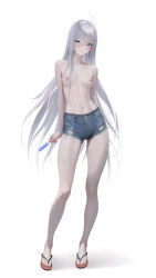 Rule 34 | 1girl, absurdres, arm behind back, blue eyes, blue shorts, breasts, cleavage, closed mouth, denim, denim shorts, expressionless, flip-flops, food, full body, highres, holding, holding food, holding popsicle, long hair, looking at viewer, midriff, navel, nipples, nyarko, popsicle, sandals, shibou yuugi de meshi o kuu, short shorts, shorts, simple background, small breasts, solo, stomach, sweat, topless female, very long hair, white background, white hair, yuuki (shibou yuugi)