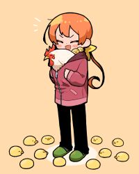 Rule 34 | 1girl, :d, animal, animal in clothes, baby animal, bird, black pants, blush stickers, chick, chicken, closed eyes, full body, green slippers, highres, jacket, low twintails, open mouth, orange hair, original, pants, simple background, slippers, smile, standing, takurada, twintails, v-shaped eyebrows, yellow background, zipper, zipper pull tab