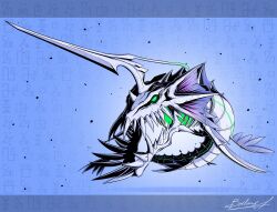 animal_skeleton barlume_(barlzar) digimoji digimon digimon_(creature) digimon_story:_time_stranger full_body green_eyes highres horns metalseadramon no_humans sea_serpent signature single_horn solo