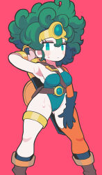 1girl aqua_eyes arm_up armpits asymmetrical_legwear belt blush boots brown_boots commentary curly_hair dragon_quest dragon_quest_iv feet_out_of_frame gashi-gashi green_hair green_leotard heroine_(dq4) highres holding holding_behind_back holding_sword holding_sword_behind_back holding_weapon holding_weapon_behind_back leotard looking_at_viewer no_nose orange_thighhighs pink_background simple_background solo standing sword symbol-only_commentary thighhighs uneven_legwear weapon