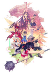 4boys 4girls absurdres arin azer black_hair blonde_hair blue_eyes brown_hair cecilia cecilia_(pangya) dragon dress closed_eyes formal_clothes glasses golf golf_club hana hana_(pangya) highres horns kooh long_hair max max_(pangya) multiple_boys multiple_girls nuri pangya ponytail purple_eyes red_eyes red_hair seedark short_hair single_horn suit thighhighs twintails weapon white_hair zettai_ryouiki