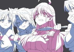 1boy 3girls :3 bell clenched_teeth grey_background grin hand_on_own_face highres holding holding_another&#039;s_arm holding_kunai holding_polearm holding_weapon jingle_bell kentou_kanami kunai multiple_girls partially_colored polearm rance rance_(series) simple_background smile sparkle spear sunomono suzume_(rance) tears teeth weapon