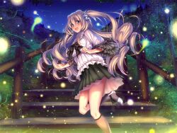 1girl :d amakano_~second_season~ black_bow blouse blush bow crossed_bangs dress_bow feet_out_of_frame frilled_shirt frilled_sleeves frills game_cg green_skirt hair_between_eyes hair_ribbon kneehighs kutsuno_kanade long_hair looking_at_viewer night night_sky official_art open_mouth outdoors pink_hair piromizu pleated_skirt ribbon ringlets shirt skirt sky smile socks solo standing standing_on_one_leg very_long_hair white_ribbon white_shirt