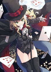 1girl black_cloak black_hat black_jacket black_leotard black_thighhighs blonde_hair boots bow bowtie cane card clenched_teeth cloak commission flask_(pandora) gem gloves green_eyes grey_vest hat highres jacket leotard leotard_under_clothes long_hair mouth_hold original phantom_thief phantom_thief_(kkmomo67) playing_card red_bow red_bowtie red_cloak shirt skeb_commission solo teeth thigh_boots thighhighs thighs top_hat two-sided_cloak two-sided_fabric vest white_gloves white_shirt wind wind_lift
