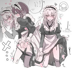 2girls absurdres apron black_dress black_panties blush commentary_request dress fingering girls_band_cry grey_hair hamchan69 heart highres iseri_nina juliet_sleeves kawaragi_momoka long_hair long_sleeves maid maid_apron maid_headdress mop multicolored_hair multiple_girls open_mouth panties panty_pull protected_link puffy_sleeves pussy_juice reach-around red_hair roots_(hair) saliva speech_bubble sweat thighhighs translation_request underwear white_background yuri