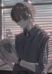 1boy blue_eyes blurry blurry_background city city_lights closed_mouth commentary_request evening grey_hair grey_shirt hair_between_eyes highres holding huzurina_suruba looking_down male_focus original reading shirt sleeves_rolled_up solo sunset upper_body watch window_blinds window_shadow wristwatch