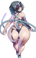 1girl alternate_costume animal_ears ass bikini black_bikini bridal_gauntlets closed_mouth commentary english_commentary eyewear_on_head from_behind green_eyes green_hair highres hot_vr jane_doe_(zenless_zone_zero) lips looking_at_viewer looking_back mouse_ears mouse_girl mouse_tail simple_background single_bridal_gauntlet solo subscribestar_username sunglasses swimsuit tail tan tanline white_background zenless_zone_zero