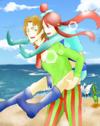 1boy 1girl absurdres aliko3282 beach blue_jacket blue_shorts brown_hair burgh_(pokemon) carrying closed_eyes gen_5_pokemon gloves hair_ornament hands_on_another&#039;s_thighs hetero highres jacket leavanny nintendo open_mouth piggyback pink_hair pokemon pokemon_(creature) pokemon_bw scarf shorts skyla_(pokemon) swanna tongue