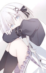 1boy absurdres amamiya_ayumu_(vtuber) arm_strap black_ribbon black_shirt black_socks commentary_request dress feet_out_of_frame frilled_skirt frills from_side grey_eyes grey_hair hair_between_eyes hair_ornament hair_ribbon hairpin highres hugging_own_legs indie_virtual_youtuber kneehighs knees_up long_sleeves looking_at_viewer pinafore_dress plaid_clothes plaid_skirt pleated_skirt purple_skirt ribbon sankakkee shirt short_hair_with_long_locks sidelocks simple_background sitting skirt sleeveless sleeveless_dress socks solo trap virtual_youtuber white_background white_dress