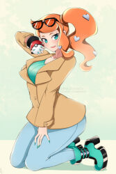 1girl aqua_boots aqua_eyes aqua_nails aqua_shirt ass boots bracelet breasts brown_coat coat collarbone denim eyewear_on_head hair_ornament heart heart_hair_ornament high_heel_boots high_heels holding holding_poke_ball jeans jewelry large_breasts lindaroze nail_polish nintendo orange-tinted_eyewear orange_hair pants peacoat poke_ball poke_ball_(basic) pokemon pokemon_swsh ribbed_shirt seiza shirt side_ponytail sitting solo sonia_(pokemon) sunglasses tinted_eyewear v-neck