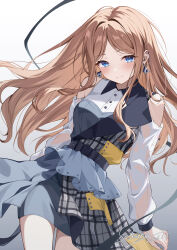 1girl absurdres bang_dream! bang_dream!_it&#039;s_mygo!!!!! blue_eyes brown_hair clothing_cutout commentary dated earclip earrings gradient_background highres jewelry linked_piercing long_hair long_sleeves looking_at_viewer nagasaki_soyo piercing see-through_clothes see-through_sleeves setsuna_0430 shoulder_cutout sidelocks signature solo