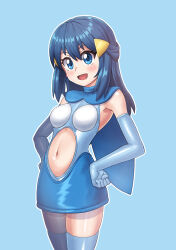 1girl :d absurdres black_hair blue_background blue_dress blue_eyes blush clothing_cutout commentary_request cosplay cowboy_shot dawn_(pokemon) dress elbow_gloves els_(ljhlee12) gen_4_pokemon gloves hair_between_eyes hair_ornament hairclip hands_on_own_hips happy highres long_hair navel nintendo open_mouth outline piplup piplup_(cosplay) pokemon pokemon_dppt simple_background smile solo stomach_cutout thighhighs