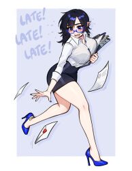 1girl artist_name black_choker black_hair blue-framed_eyewear blue_eyes blushyspicy breasts choker cleavage earrings fangs glasses highres jewelry large_breasts mole mole_under_eye office_lady office_workers_(blushyspicy) pointy_ears running semi-rimless_eyewear shirt under-rim_eyewear vampire vivian_seong_(blushyspicy) white_shirt