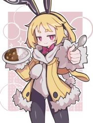 1girl animal_ear_hairband animal_ears black_hairband black_pantyhose blonde_hair blush border bow bowtie brown_background closed_mouth commentary covered_navel cowboy_shot curry curry_rice disgaea fake_animal_ears food fur-trimmed_jacket fur-trimmed_sleeves fur_trim hairband highres holding holding_spoon jacket leotard long_sleeves looking_at_viewer open_clothes open_jacket outline outside_border pantyhose pink_eyes rabbit_ear_hairband rabbit_ears red_bow red_bowtie rice short_hair smile solo spoon suaman thick_eyebrows usalia_(disgaea) white_border white_leotard white_outline yellow_jacket