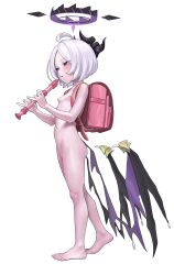 1girl absurdres aged_down backpack bag black_halo blue_archive breasts demon_girl demon_horns demon_wings halo highres hina_(blue_archive) horns looking_at_another navel nipples nude purple_eyes randoseru short_hair simple_background small_breasts solo white_background white_hair wings