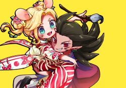 Rule 34 | 1boy, 1girl, alternate costume, animal ears, aqua eyes, blonde hair, body writing, brown hair, carrying, carrying person, cheese hair ornament, chinese zodiac, double bun, dragon quest, dragon quest builders 2, earrings, facepaint, female builder (dqb2), floating clothes, floating hair, floral print, flower, food-themed hair ornament, grin, hair bun, hair flower, hair horns, hair ornament, holding, holding paintbrush, japanese clothes, jewelry, kimono, km navi, looking at viewer, looking down, low ponytail, mouse ears, new year, okobo, open mouth, paintbrush, parted bangs, pink flower, platform sandals, pointy ears, ponytail, red eyes, sandals, sharp teeth, sidoh (dqb2), smile, sphere earrings, spiked hair, teeth, year of the rat, yellow background