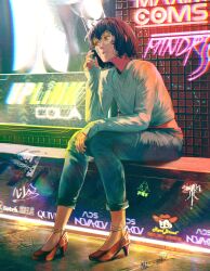 1girl absurdres ad arm_on_own_leg bench black_hair black_sclera blue_pants bob_cut bright_pupils cigarette colored_sclera commentary denim english_commentary english_text facial_mark from_side full_body glowing glowing_eyes graffiti grey-framed_eyewear hair_between_eyes hand_up high_heels highres holding holding_cigarette jeans long_sleeves looking_at_viewer looking_to_the_side midriff_peek neon_lights night on_bench original outdoors pants pants_rolled_up red_eyes red_shoes round_eyewear shirt shoes short_hair sidewalk sitting smoking solo spindle_(aidenr0) tether_(spindle_(aidenr0)) tinted_eyewear white_pupils white_shirt yellow-tinted_eyewear