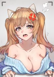 1girl anger_vein animal_ear_fluff animal_ears bare_shoulders blue_sweater blush breasts brown_eyes brown_hair cat_ears damaged_wing fang large_breasts looking_at_viewer off_shoulder open_mouth original solo sweater twintails upper_body