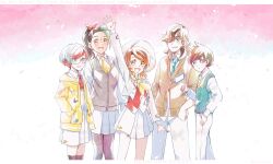 2boys 3girls alternate_color arven_(pokemon) black_hair blue_hair braid breasts brown_eyes brown_hair closed_mouth collared_shirt cosplay dark-skinned_female dark_skin fish florian_(pokemon) freckles glasses green_hair grey_eyes hair_over_one_eye hair_ribbon hat highres holding hood hoodie jacket juliana_(pokemon) long_hair long_sleeves multicolored_hair multiple_boys multiple_girls necktie nemona_(pokemon) nintendo open_mouth pants pantyhose penny_(pokemon) pokemon pokemon_(creature) pokemon_masters_ex pokemon_sv ponytail purple_eyes red_hair ribbon rosa_(academy)_(pokemon) rosa_(pokemon) rosa_(pokemon)_(cosplay) round_eyewear school_uniform shirt short_hair short_sleeves shorts smile sorairo749 streaked_hair tatsugiri tatsugiri_(droopy) two-tone_hair vest waving