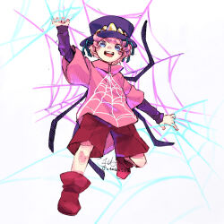 1boy blue_eyes blush_stickers boots cargo_shorts collared_jacket commentary copy_ability english_commentary full_body happy hat high_collar highres jacket kirby kirby_(series) layered_sleeves long_sleeves looking_at_viewer male_focus nintendo open_mouth otaku553 personification pink_hair pink_jacket procreate_(medium) purple_hat purple_sleeves red_boots red_shorts short_hair short_over_long_sleeves short_sleeves shorts signature silk simple_background smile solo spider_kirby spider_web spider_web_print teeth top_hat tumblr_username upper_teeth_only white_background zipper zipper_pull_tab
