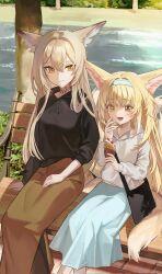 Rule 34 | 2girls, absurdres, animal ear fluff, animal ears, arknights, bench, bimo (bimo koa), blonde hair, blue hairband, blue skirt, commentary, food, fox ears, fox girl, fox tail, hairband, highres, holding, holding food, hood, hoodie, long hair, long sleeves, mother and daughter, multiple girls, official alternate costume, on bench, outdoors, sitting, skirt, suzuran (arknights), symbol-only commentary, tail, vulpisfoglia (arknights), white hoodie, yellow eyes