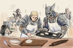 4boys 4girls ? aira_papaaya animal_head apron armor baking bird_boy blonde_hair blunt_bangs bowl brother_and_sister closed_mouth crossover cup dark-skinned_female dark_skin duchess_(elden_ring) dungeon_meshi elden_ring elden_ring_nightreign fake_horns falin_touden food gloves guardian_(elden_ring) hat helmet highres holding holding_tray horned_helmet horns image_in_speech_bubble knife knight laios_touden long_hair marcille_donato multiple_boys multiple_girls pauldrons pointy_ears recluse_(elden_ring) rolling_pin senshi_(dungeon_meshi) short_hair shoulder_armor siblings sitting sketch smile sparkle speech_bubble table thumbs_up tray twitter_username unfinished winged_helmet witch_hat wylder_(elden_ring)