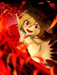 1girl :d absurdres ascot blonde_hair crystal fang fangs fire flandre_scarlet glowing hair_between_eyes hat hat_ribbon highres laevatein_(touhou) looking_at_viewer mob_cap open_mouth reaching reaching_towards_viewer red_eyes red_nails ribbon shirt short_hair short_sleeves side_ponytail smile solo teeth touhou upper_body user_nuzd3443 wings yellow_ascot