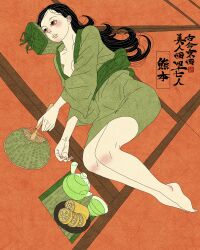 1girl absurdres artist_logo barefoot black_hair breasts brown_eyes cleavage collarbone full_body glass green_kimono green_sash hand_fan highres japanese_clothes kettle kimono kumamoto_prefecture logo long_hair lotus_root_slice lying obi on_back on_floor original sash sei5osuzuki solo tatami tea translated