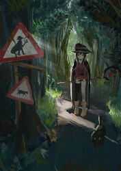 1girl ? absurdres asymmetrical_legwear bandaged_leg bandages black_cape brown_hair button_eyes buttons cape cat chomusuke commentary_request dress forest grass hat highres holding holding_staff kono_subarashii_sekai_ni_shukufuku_wo! koukouya light_rays long_sleeves mage_staff megumin mismatched_legwear nature outdoors red_dress red_eyes road_sign short_hair_with_long_locks sign single_thighhigh solo staff thighhighs witch_hat