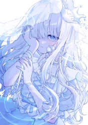 1girl bandages bandaid blue_eyes blue_theme blunt_bangs crying crying_with_eyes_open dress frills gradient_clothes gradient_dress gradient_eyes hamon highres long_hair looking_at_viewer multicolored_eyes original parted_lips ribbon ripples shiolatte simple_background solo tears upper_body very_long_hair white_background white_dress white_hair white_theme