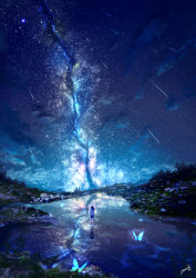 1girl amatsuki_rei bug butterfly fantasy from_behind highres insect meteor_shower night original reflection scenery sky solo star_(sky) star_(symbol) starry_sky walking walking_on_liquid water