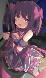 1girl :d absurdres arm_ribbon bandaged_leg bandages bare_shoulders black_dress blush bow breasts choker cleavage commission detached_sleeves dress frilled_dress frills hair_bow highres holding holding_knife knife leg_ribbon looking_at_viewer medium_hair nail_polish open_mouth original petite pink_bow pink_choker pink_eyes pink_ribbon puffy_short_sleeves puffy_sleeves purple_dress purple_eyes purple_hair ribbon ribbon_choker shiro9jira short_dress short_sleeves skeb_commission small_breasts smile solo standing twintails weapon yandere