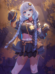 1girl absurdres ahoge alternate_costume arm_cutout bag belt belt_buckle black_crop_top black_jacket black_skirt blue_eyes blue_hair bow braid breasts buckle buttons cleavage clothing_cutout collarbone colored_inner_hair criss-cross_halter crop_top fang feet_out_of_frame frilled_skirt frills hair_ornament hair_over_shoulder halterneck hands_up hatyomugi00 highres jacket kizuna_akari layered_skirt light long_sleeves looking_at_viewer low_twin_braids midriff miniskirt multicolored_hair multicolored_jacket navel open_clothes open_jacket open_mouth orange_bag orange_belt orange_bow orange_jacket simple_background skirt sleeves_past_fingers sleeves_past_wrists smile solo standing star-shaped_bag star_(symbol) teeth tongue twin_braids two-tone_jacket upper_teeth_only vocaloid voiceroid white_hair