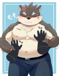 1boy absurdres anger_vein bara blue_background border cowboy_shot disembodied_hand furry furry_male guided_pectoral_grab highres large_pectorals male_focus moritaka_(housamo) navel pectorals scar scar_across_eyebrow scar_on_chest scar_on_face scar_on_pecs solo tokyo_houkago_summoners white_border zuboboz