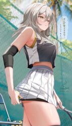 1girl absurdres alternate_costume armpit_crease artist_logo ball bare_shoulders black_shirt blue_sky blurry blurry_background breasts chain-link_fence chair commentary_request cowboy_shot day elbow_sleeve fence from_side grey_hair hair_between_eyes highres holding holding_ball holding_tennis_racket honkai:_star_rail honkai_(series) kabu_usagi large_breasts logo long_hair looking_ahead midriff outdoors paid_reward_available parted_lips shirt skirt sky solo sportswear stelle_(honkai:_star_rail) sweat tennis tennis_ball tennis_uniform thighs trailblazer_(honkai:_star_rail) translation_request white_skirt yellow_eyes