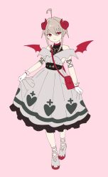 Rule 34 | 1girl, ahoge, ankle lace-up, bag, bangle, bare shoulders, belt, belt collar, benitora, black undershirt, blush, bracelet, closed mouth, collar, cross, cross-laced clothes, cross-laced top, cross print, curled horns, demon girl, demon horns, demon wings, dress, flat color, frilled dress, frills, full body, gloves, grey hair, hair between eyes, handbag, heart, heart print, highres, horns, jewelry, long dress, looking at viewer, makaino ririmu, makaino ririmu (1st costume), nijisanji, no socks, off-shoulder dress, off shoulder, pink background, pixie cut, pointy ears, red bag, red collar, red eyes, red horns, red shoes, red wings, shirt under dress, shoes, short hair, shoulder bag, sidelocks, simple background, skirt hold, smile, solo, standing, virtual youtuber, white dress, white gloves, white shoes, wings