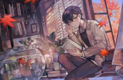 1boy adjusting_eyewear autumn bespectacled book brown_jacket collared_shirt commentary_request falling_leaves fish fish_tank fishbowl glasses goldfish hair_ornament hairclip highres holding holding_book indoors jacket kenmochi_touya leaf looking_at_viewer male_focus maple_leaf nijisanji open_clothes open_jacket pants parted_lips plant potted_plant purple_hair red_leaf shirt short_hair sitting solo tsuta1218 virtual_youtuber window_blinds x_hair_ornament