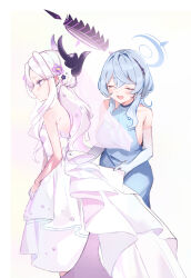 2girls ako_(blue_archive) alternate_costume bare_shoulders black_halo blue_archive blue_dress blue_hair blue_halo blush breasts bridal_veil closed_mouth collarbone commentary_request dress felnemo flower from_side hair_between_eyes hair_flower hair_ornament halo highres hina_(blue_archive) large_breasts leaning_forward long_hair multiple_girls open_mouth purple_eyes purple_flower sideboob sleeveless sleeveless_dress strapless strapless_dress veil very_long_hair white_dress