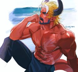 Rule 34 | 1boy, abs, another eidos-r, artist name, bara, beard, black shirt, blonde hair, closed mouth, colored skin, commentary request, demon horns, demon tail, facial hair, highres, horns, korean commentary, looking to the side, lucifer (another eidos), male focus, muscular, muscular male, nipples, ocean, pectorals, pointy ears, red skin, shirt, tail, topless male, wasp (anthyutena)
