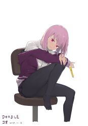 absurdres black_pantyhose black_skirt boxcutter closed_mouth crossed_arms dated davidhuang701 feet_on_chair gridman_universe highres holding holding_boxcutter jacket long_sleeves looking_at_viewer miniskirt pantyhose purple_hair purple_jacket red_eyes shinjou_akane shirt short_hair simple_background sitting skirt smile ssss.gridman white_background white_shirt