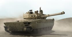 1girl artist_name copyright_notice dated day dead-robot desert gun helmet m10_booker military military_vehicle motor_vehicle original outdoors shadow soldier solo tank vehicle_focus weapon