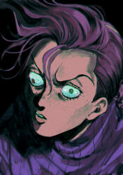 1boy black_background commentary freckles heterochromia highres jojo_no_kimyou_na_bouken oniyama831 pink_hair ribbed_sweater simple_background solo sweater turtleneck turtleneck_sweater vento_aureo vinegar_doppio wall-eyed