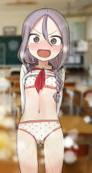 Rule 34 | 1girl, absurdres, black sailor collar, blurry, blurry background, blush, bra, braid, brown eyes, chair, closed mouth, clothes lift, commentary request, depth of field, desk, hair between eyes, hair over shoulder, highres, indoors, long hair, looking at viewer, navel, neckerchief, no pants, nose blush, note2000, panties, parted bangs, pee, polka dot, polka dot bra, polka dot panties, purple hair, red neckerchief, sailor collar, school chair, school desk, shirt, shirt lift, solo, soredemo ayumu wa yosetekuru, standing, twin braids, underwear, v-shaped eyebrows, wavy mouth, white bra, white panties, white shirt, yaotome urushi
